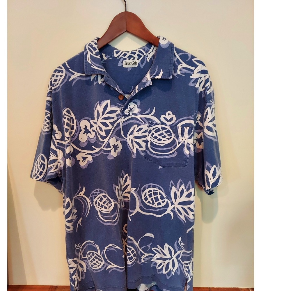 True Grit Mens Traveling Vines Polo Shirt Blue White Floral Pineapple Cotton USA